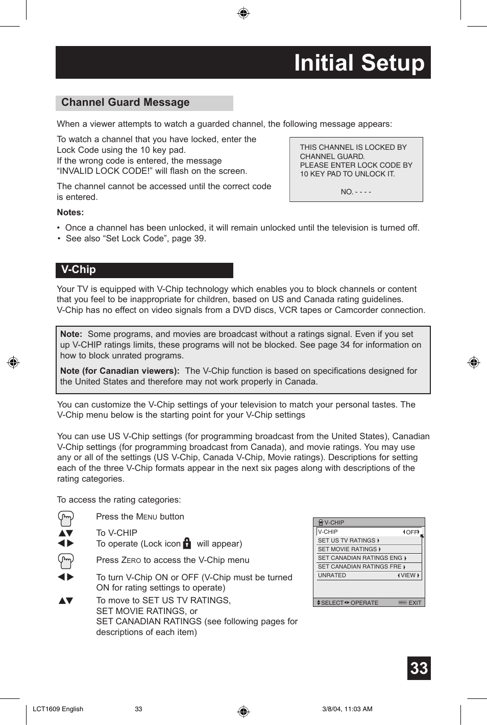 Initial setup, Channel guard message, V-chip | JVC AV 56P575 User Manual | Page 33 / 72