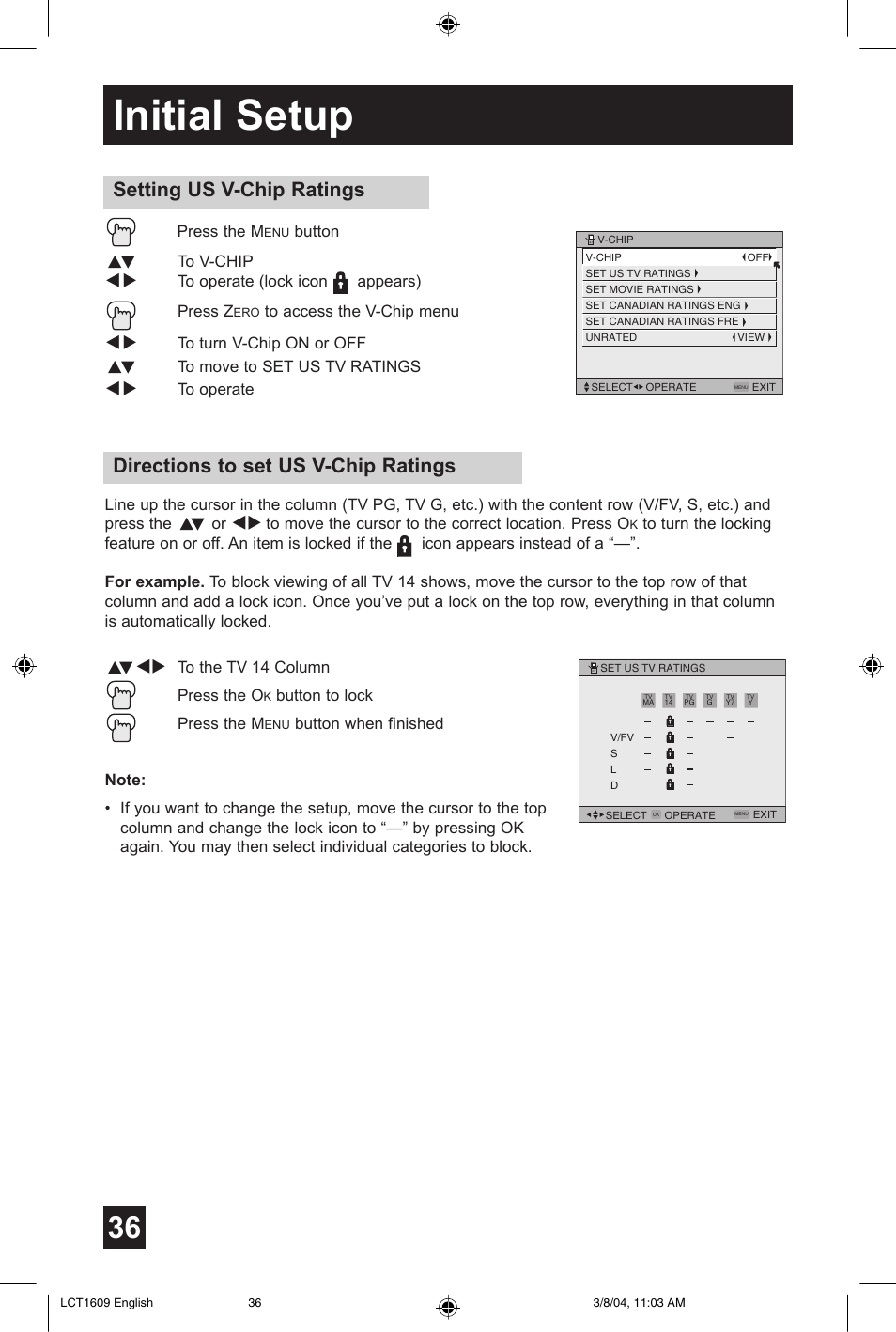 Initial setup, Directions to set us v-chip ratings, Setting us v-chip ratings | JVC AV 56P575 User Manual | Page 36 / 72