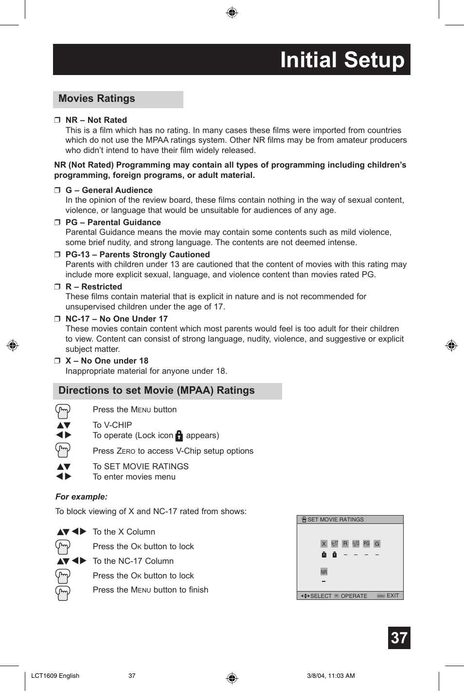 Initial setup, Movies ratings, Directions to set movie (mpaa) ratings | JVC AV 56P575 User Manual | Page 37 / 72