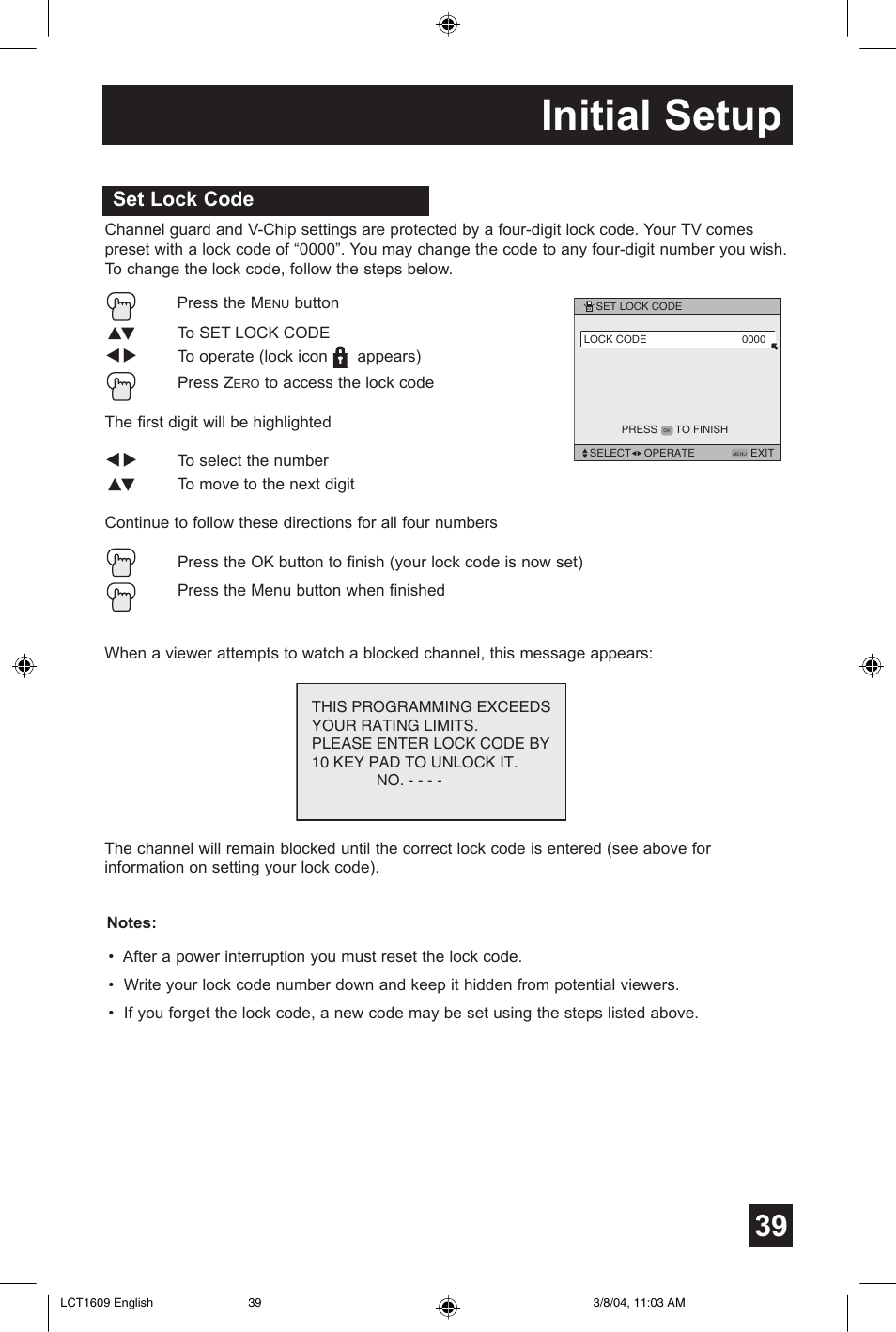 Initial setup, Set lock code | JVC AV 56P575 User Manual | Page 39 / 72