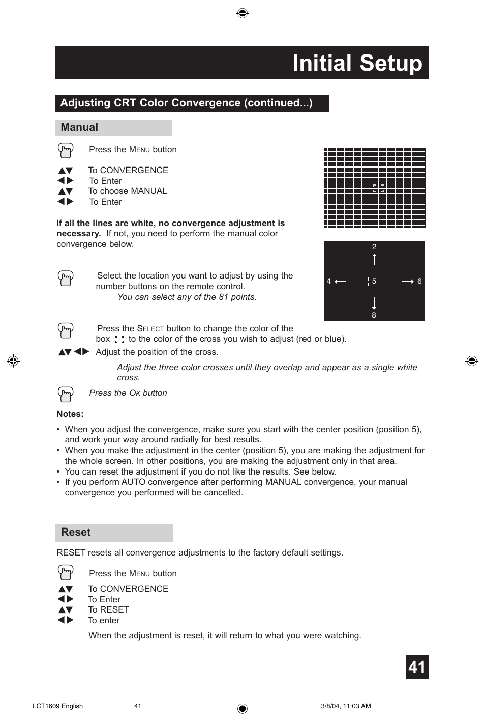 Initial setup, Reset | JVC AV 56P575 User Manual | Page 41 / 72