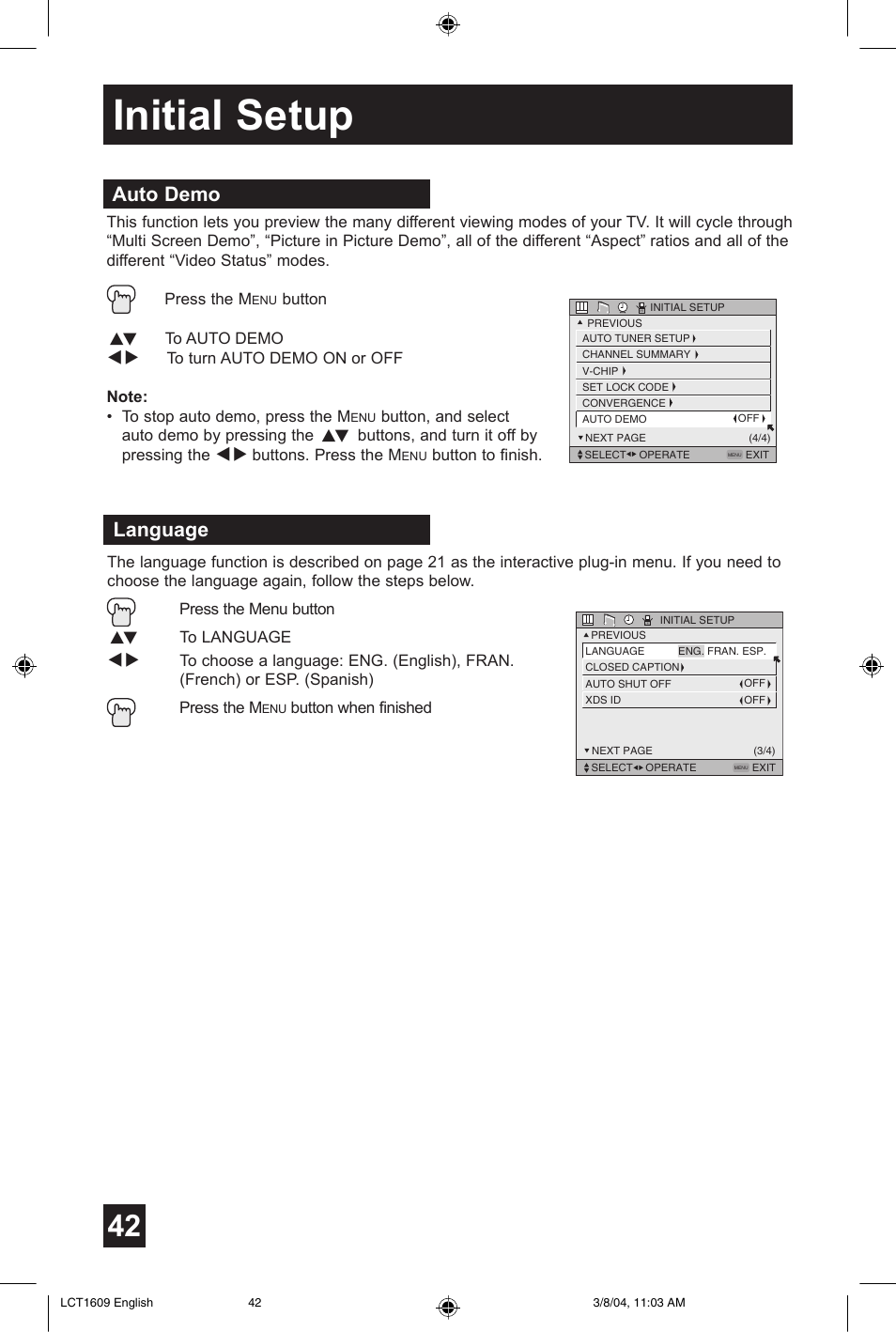 Initial setup, Language, Auto demo | JVC AV 56P575 User Manual | Page 42 / 72