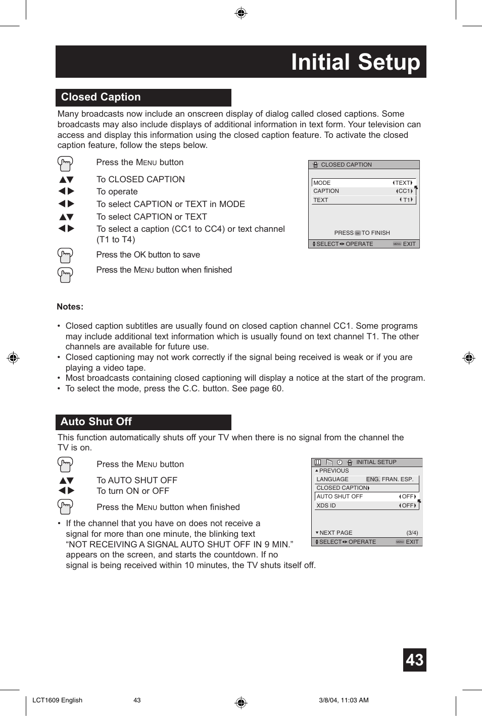 Initial setup, Closed caption, Auto shut off | JVC AV 56P575 User Manual | Page 43 / 72