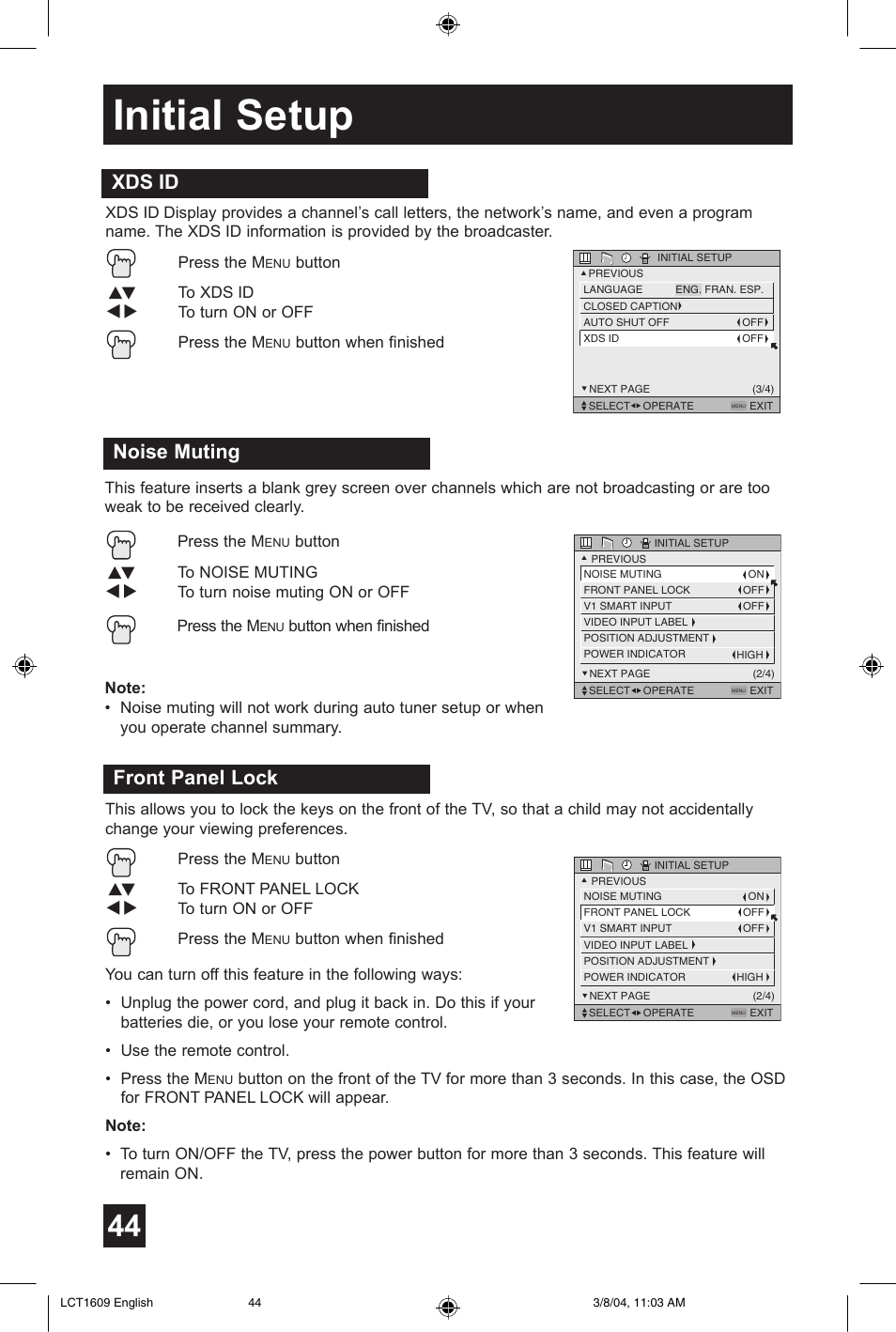 Initial setup, Xds id, Noise muting | Front panel lock | JVC AV 56P575 User Manual | Page 44 / 72