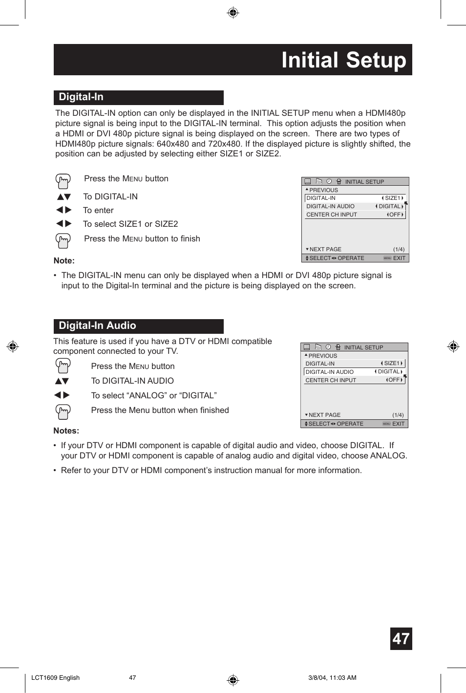 Initial setup, Digital-in, Digital-in audio | JVC AV 56P575 User Manual | Page 47 / 72