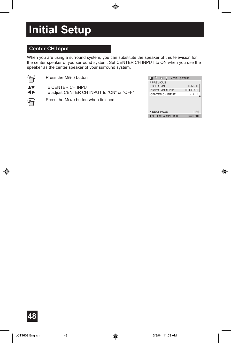 Initial setup, Center ch input | JVC AV 56P575 User Manual | Page 48 / 72