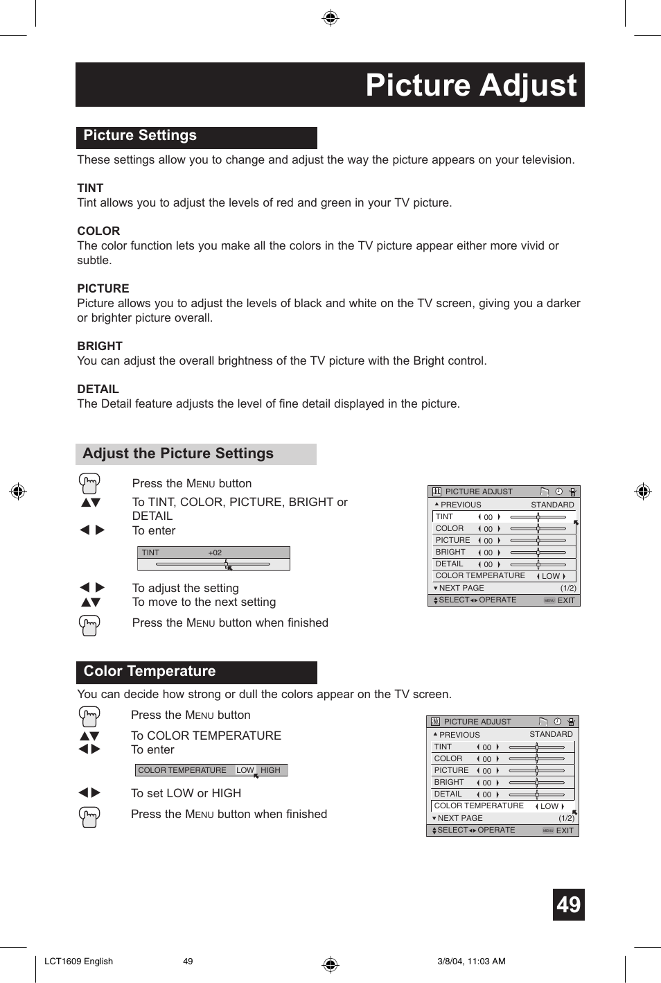 Picture adjust | JVC AV 56P575 User Manual | Page 49 / 72