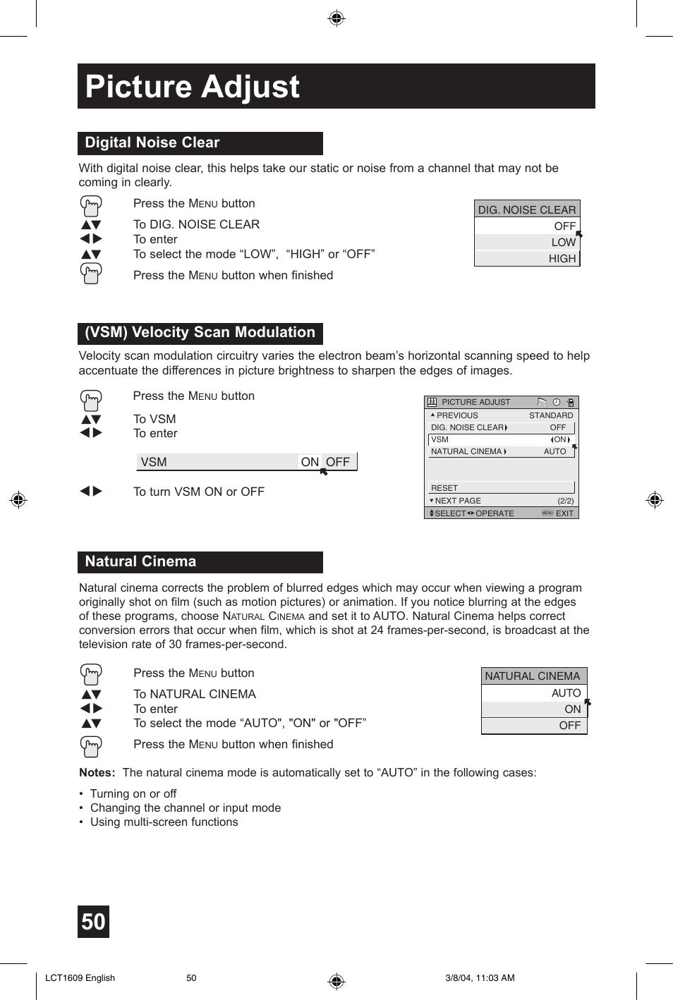 Picture adjust, Vsm) velocity scan modulation, Digital noise clear | Natural cinema | JVC AV 56P575 User Manual | Page 50 / 72