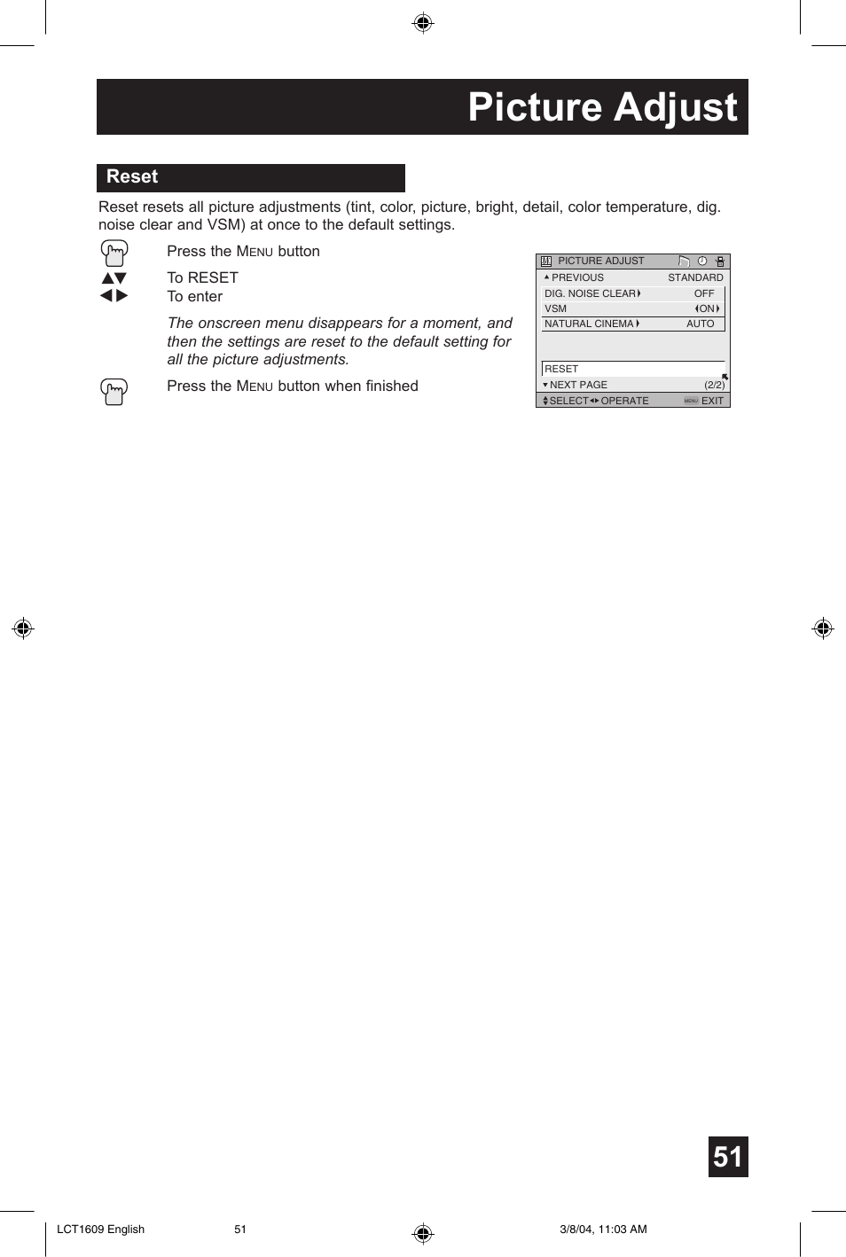 Picture adjust, Reset | JVC AV 56P575 User Manual | Page 51 / 72