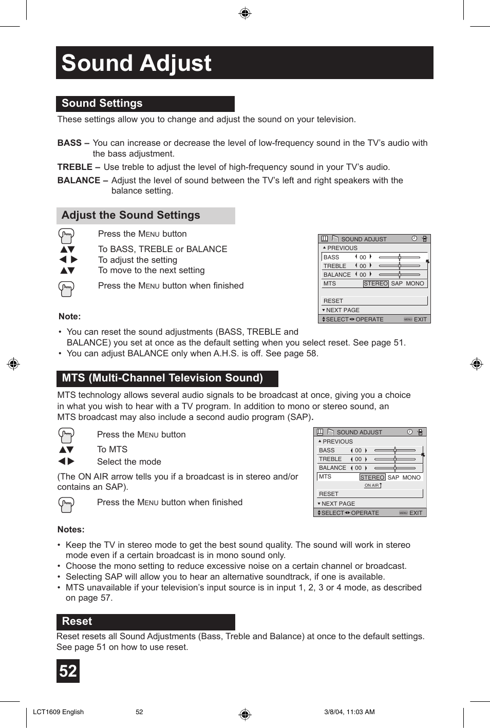 Sound adjust, Reset | JVC AV 56P575 User Manual | Page 52 / 72