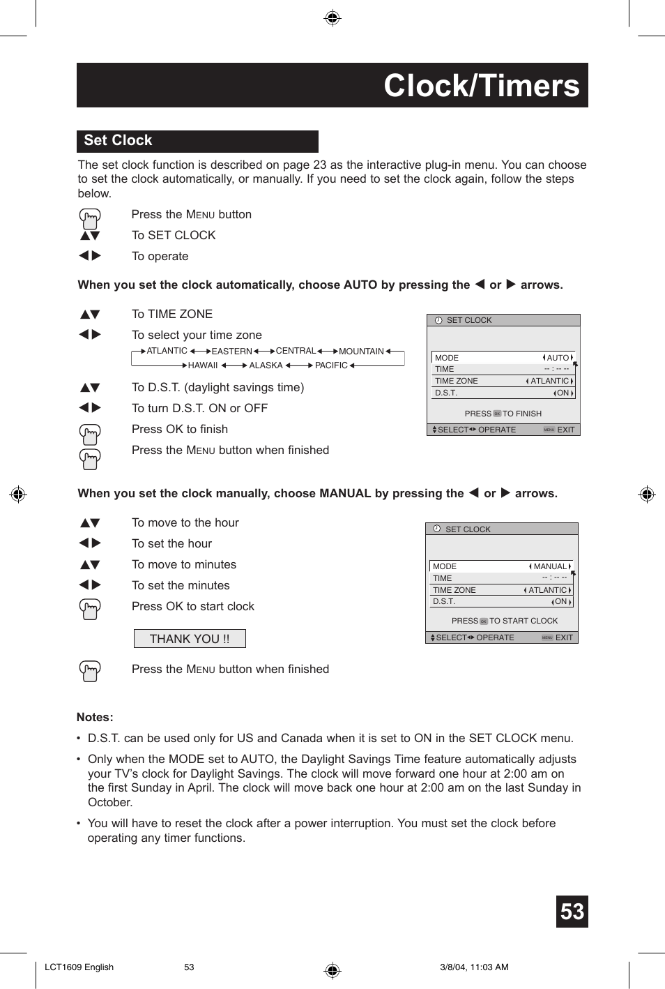 Clock/timers, Set clock | JVC AV 56P575 User Manual | Page 53 / 72