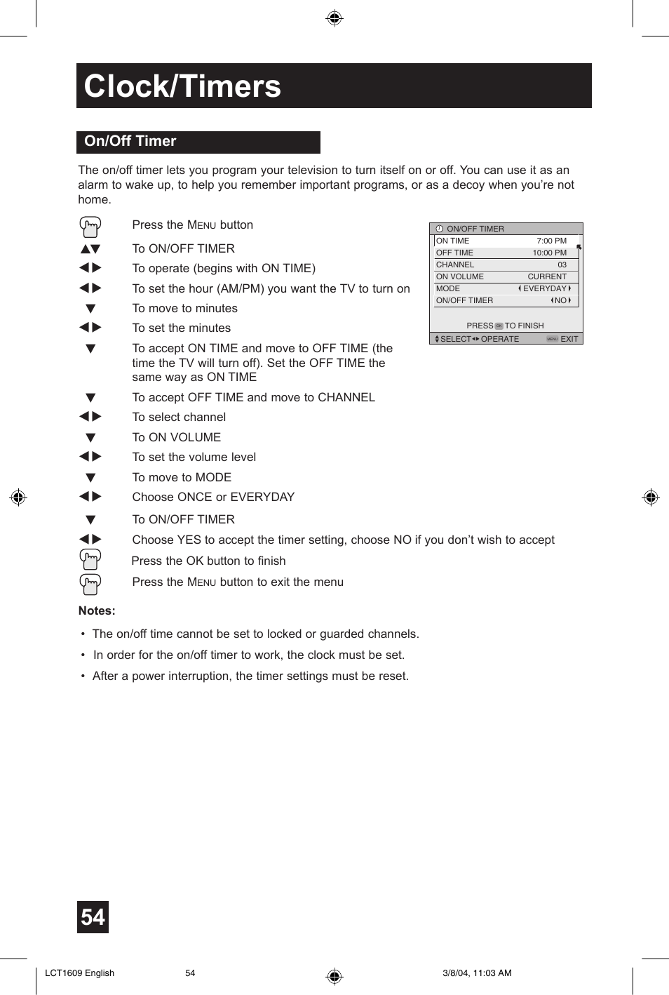 Clock/timers, On/off timer | JVC AV 56P575 User Manual | Page 54 / 72