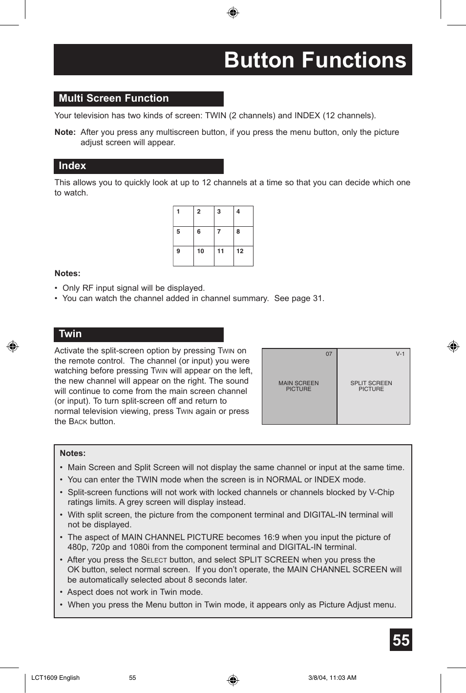 Button functions, Multi screen function, Index | Twin | JVC AV 56P575 User Manual | Page 55 / 72