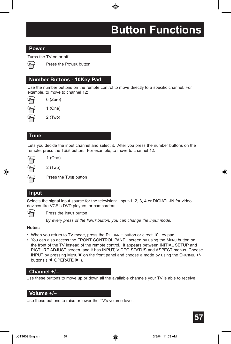 Button functions, Power number buttons - 10key pad tune, Input | Channel, Volume | JVC AV 56P575 User Manual | Page 57 / 72