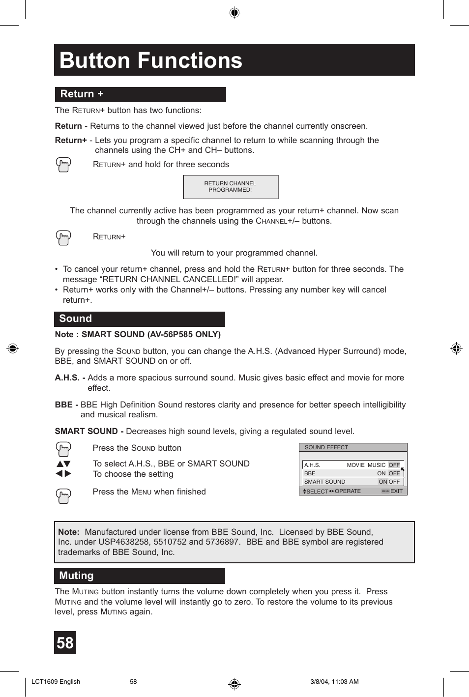 Button functions, Return, Sound | Muting | JVC AV 56P575 User Manual | Page 58 / 72