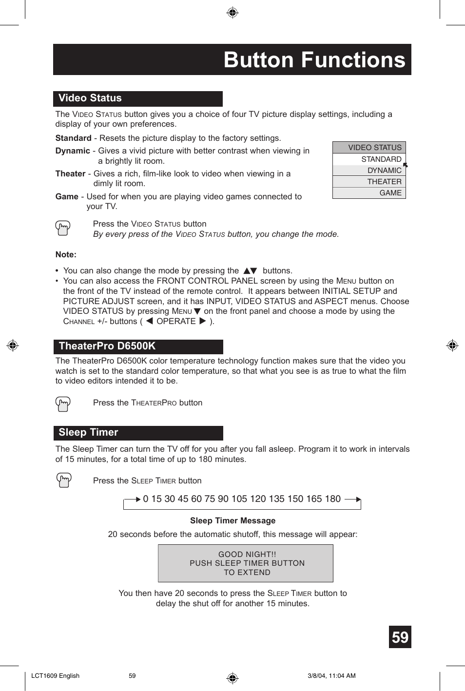 Button functions, Video status, Theaterpro d6500k | Sleep timer | JVC AV 56P575 User Manual | Page 59 / 72