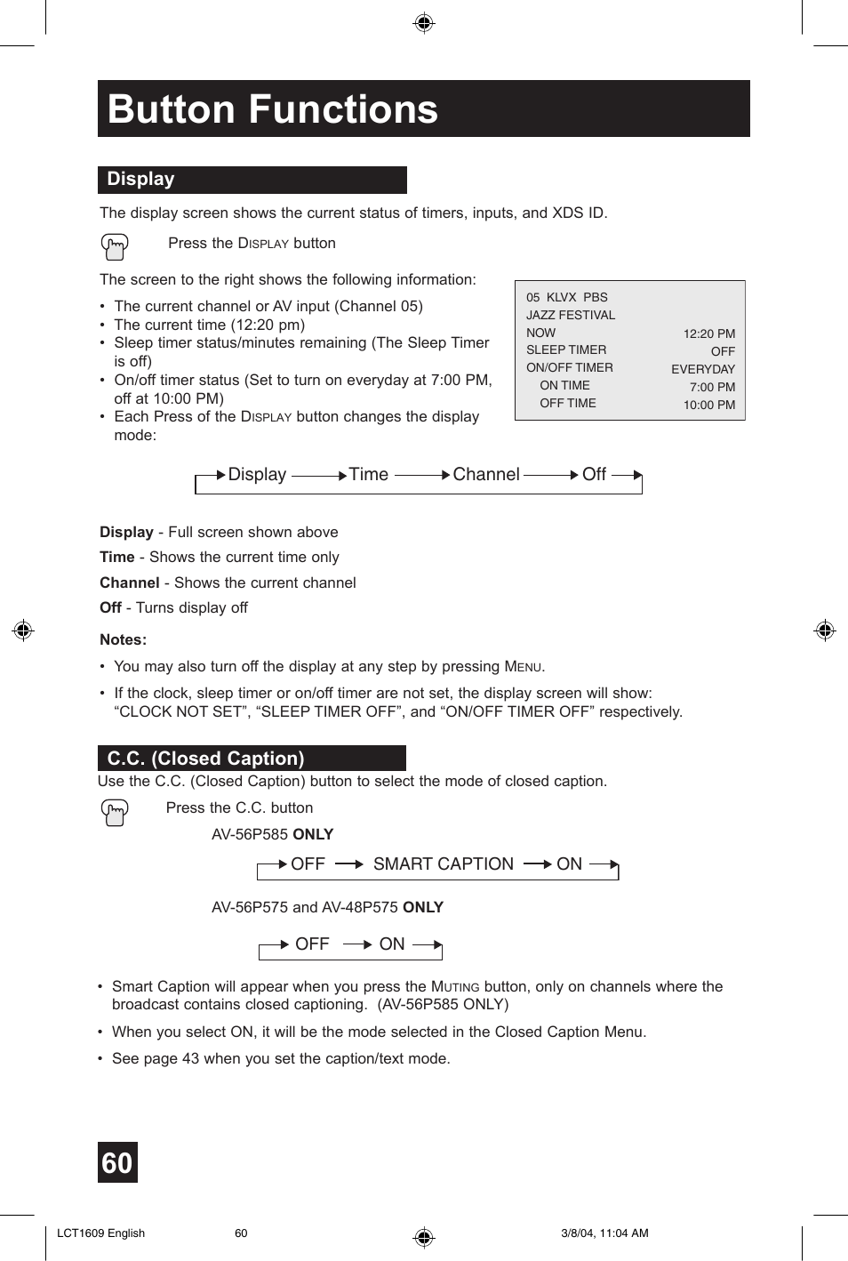 Button functions, Display, C.c. (closed caption) | JVC AV 56P575 User Manual | Page 60 / 72