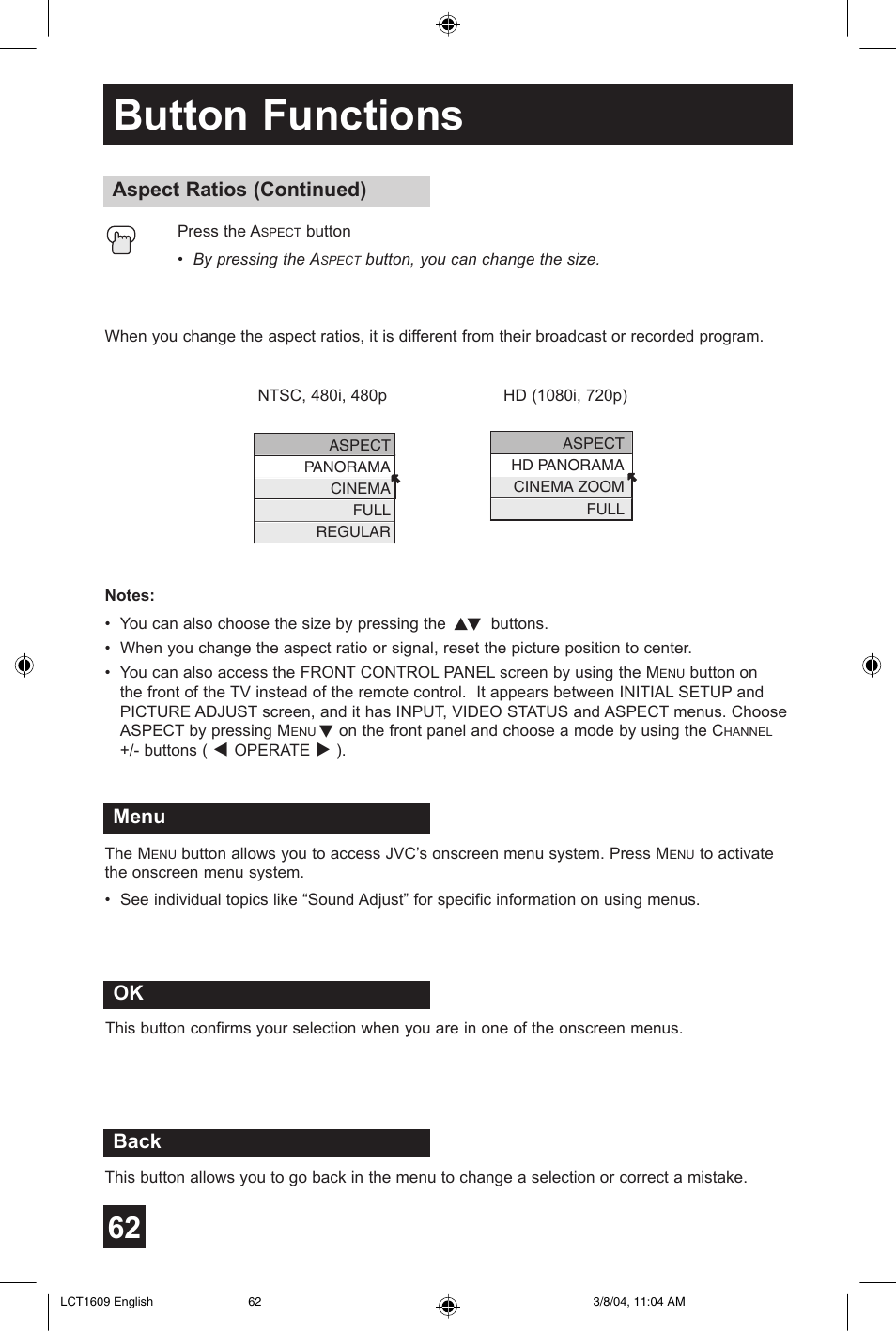 Button functions, Menu, Back ok | Aspect ratios (continued) | JVC AV 56P575 User Manual | Page 62 / 72