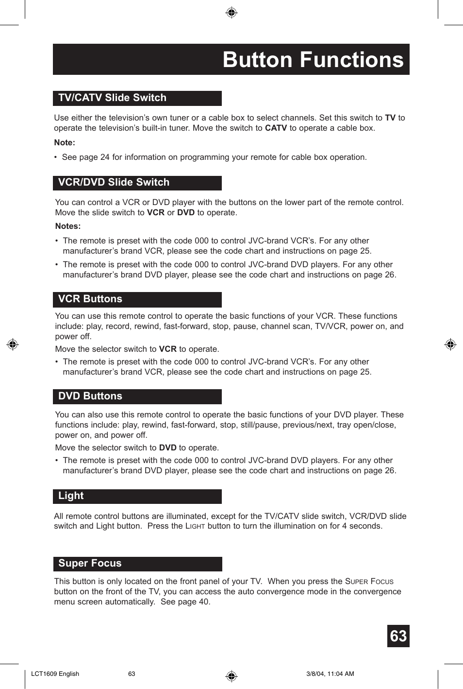 Button functions | JVC AV 56P575 User Manual | Page 63 / 72