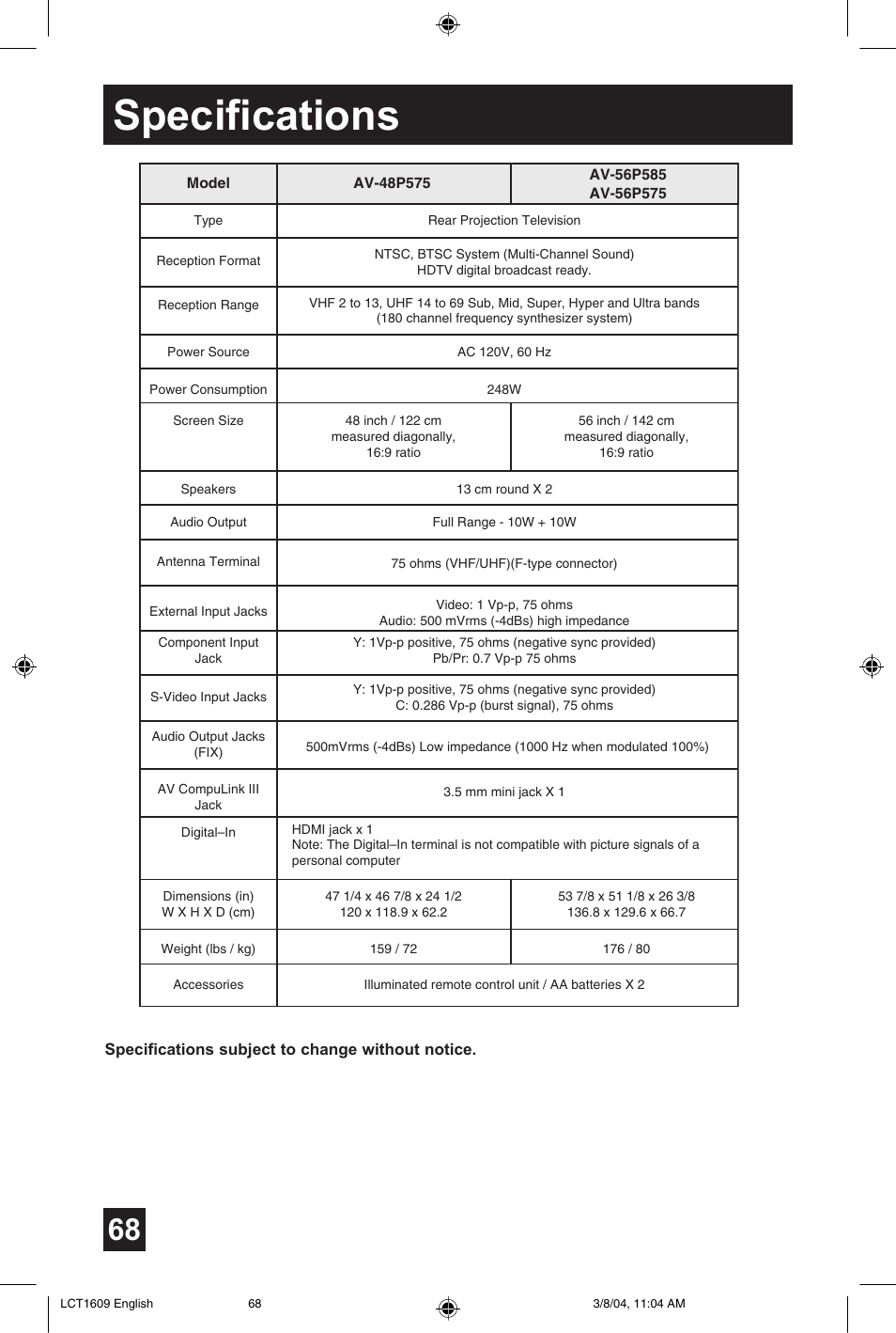 Specifications | JVC AV 56P575 User Manual | Page 68 / 72