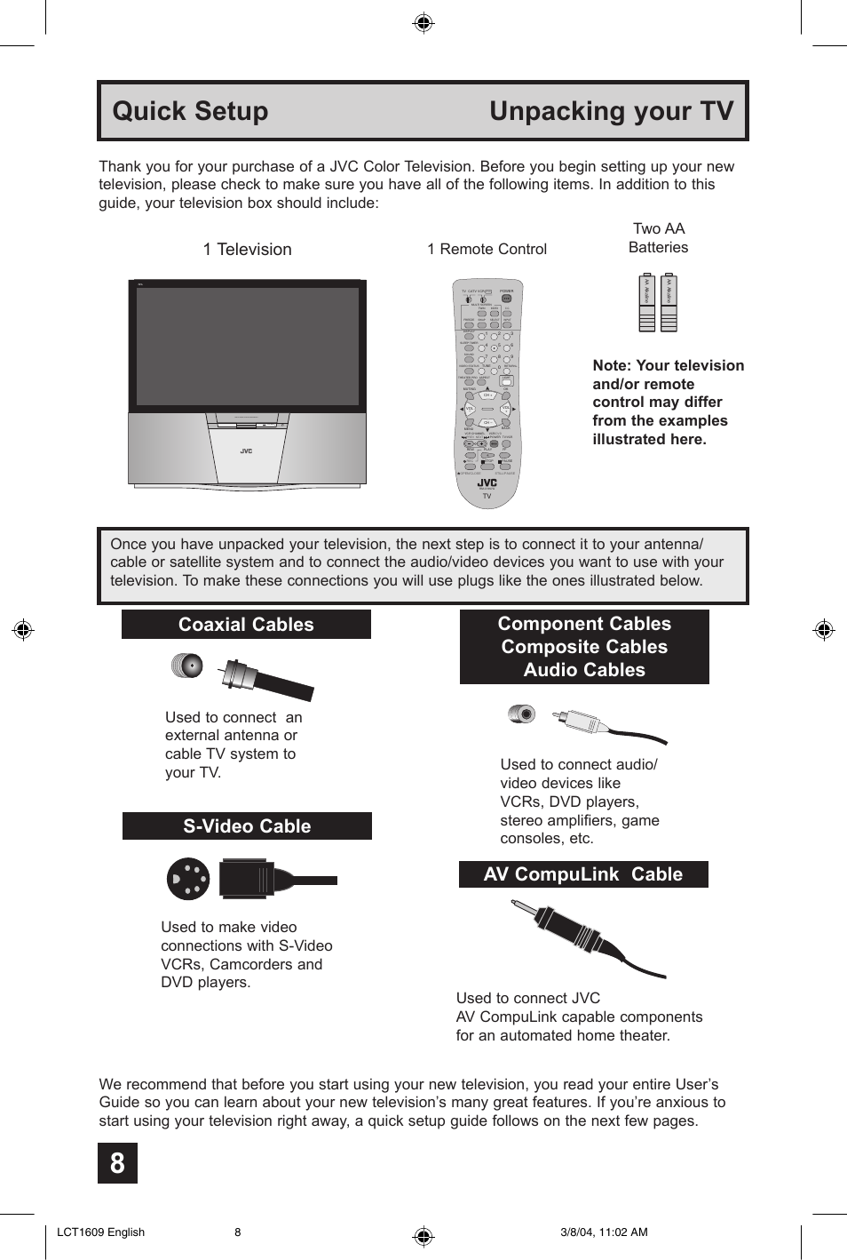 Quick setup unpacking your tv, Coaxial cables, S-video cable | Component cables composite cables audio cables, Av compulink cable, 1 television, Two aa batteries | JVC AV 56P575 User Manual | Page 8 / 72