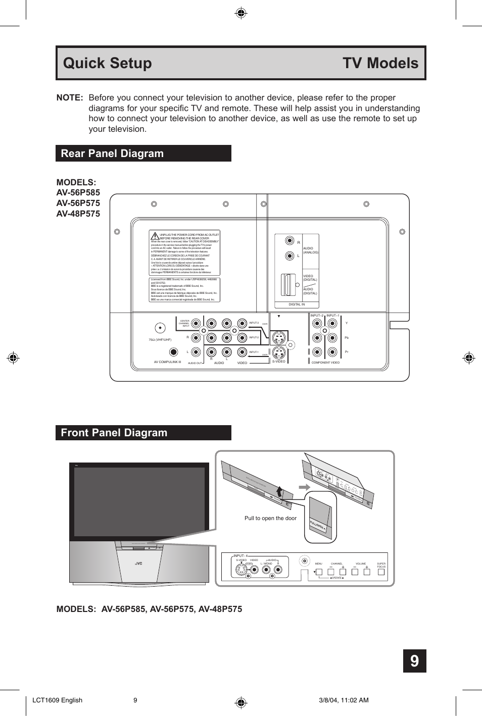 Quick setup tv models, Rear panel diagram front panel diagram | JVC AV 56P575 User Manual | Page 9 / 72