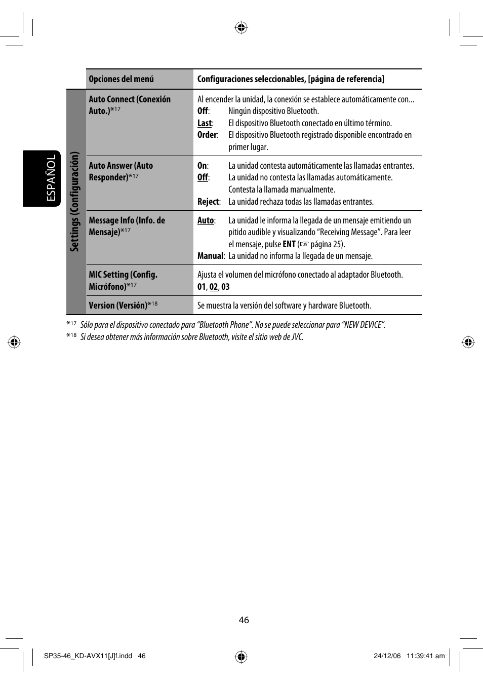 Español, Settings (configuración) | JVC KD-AVX11 User Manual | Page 104 / 177