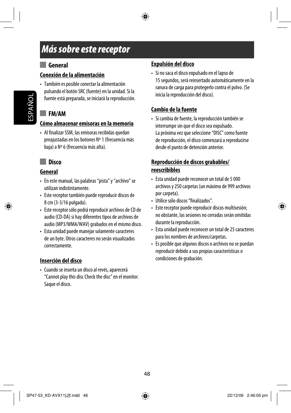 Más sobre este receptor, Español, General | Fm/am, Disco | JVC KD-AVX11 User Manual | Page 106 / 177