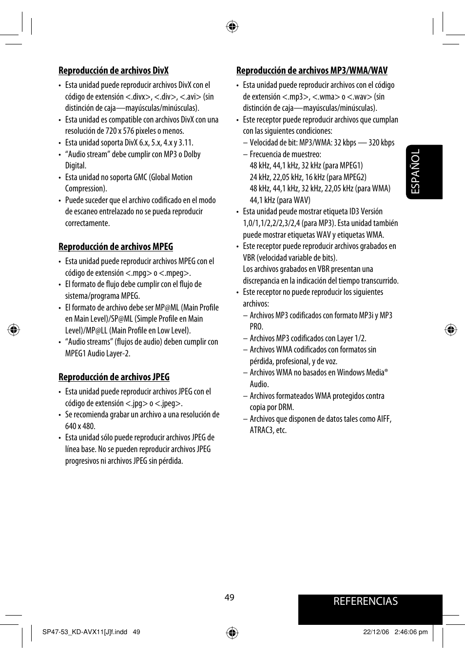 Referencias, Español | JVC KD-AVX11 User Manual | Page 107 / 177
