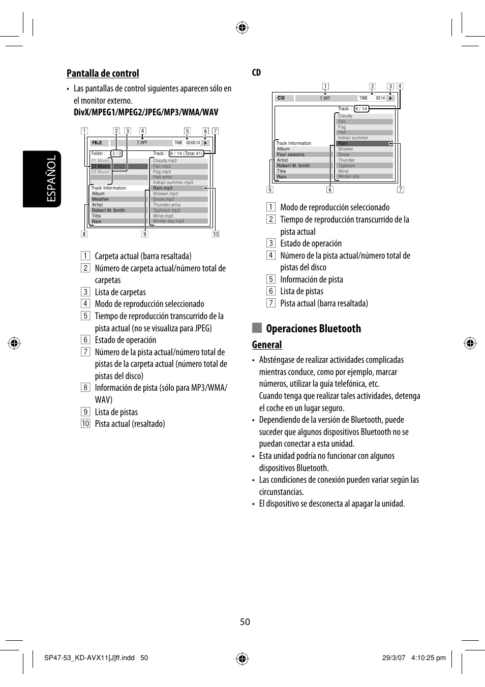 Español, Operaciones bluetooth, General | Pantalla de control | JVC KD-AVX11 User Manual | Page 108 / 177