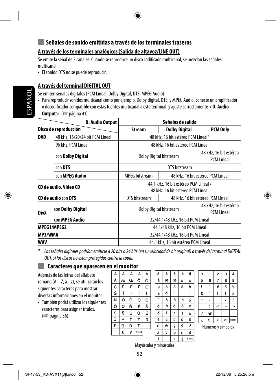 Caracteres que aparecen en el monitor | JVC KD-AVX11 User Manual | Page 110 / 177