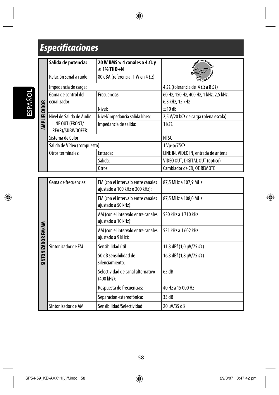 Especificaciones, Español | JVC KD-AVX11 User Manual | Page 116 / 177
