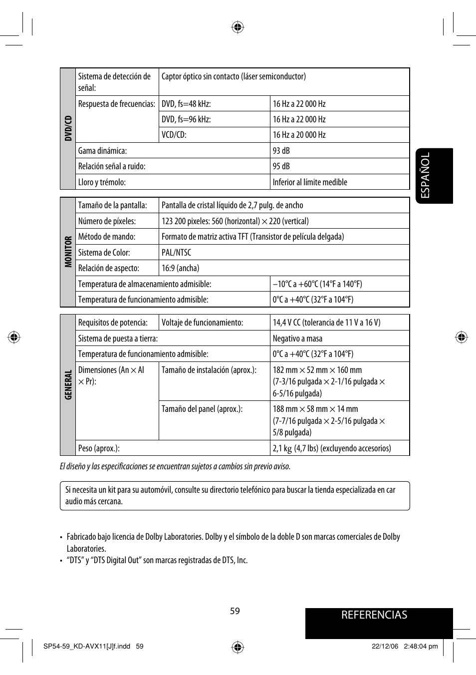 Referencias, Español | JVC KD-AVX11 User Manual | Page 117 / 177