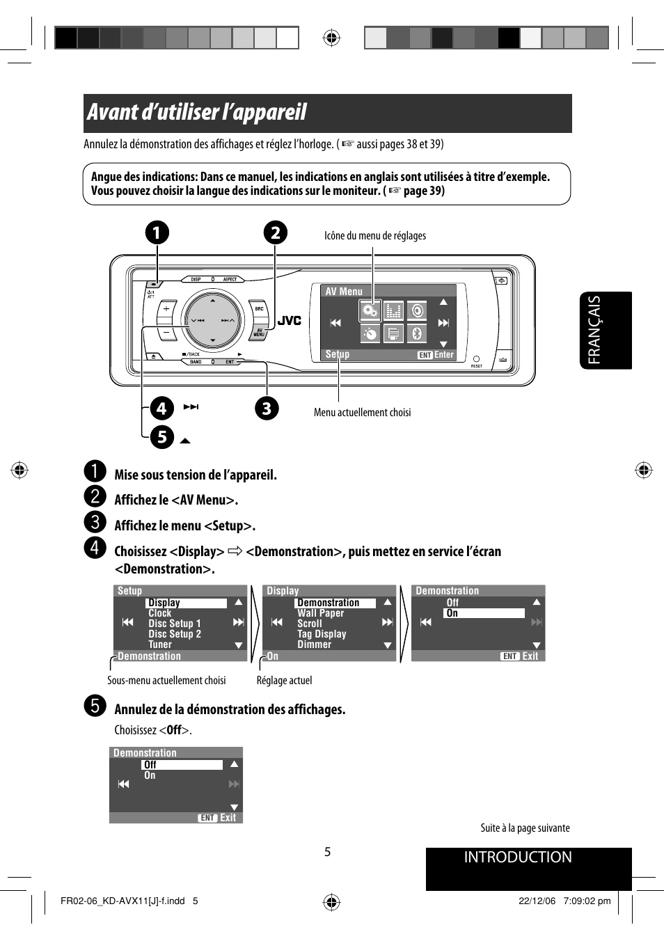 Avant d’utiliser l’appareil, Introduction, Français | JVC KD-AVX11 User Manual | Page 121 / 177
