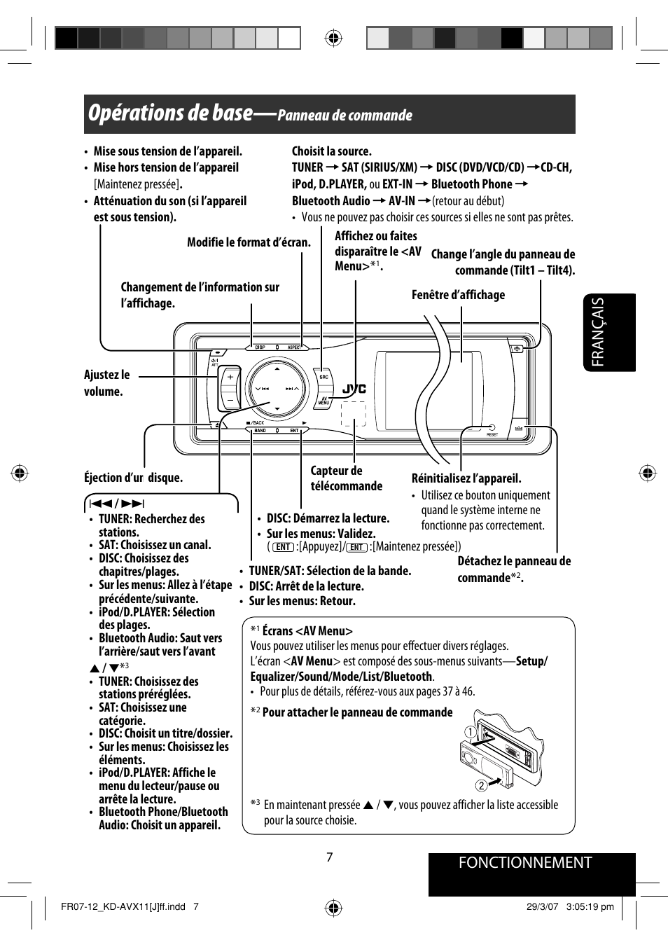 Opérations de base, Fonctionnement, Français | Panneau de commande | JVC KD-AVX11 User Manual | Page 123 / 177