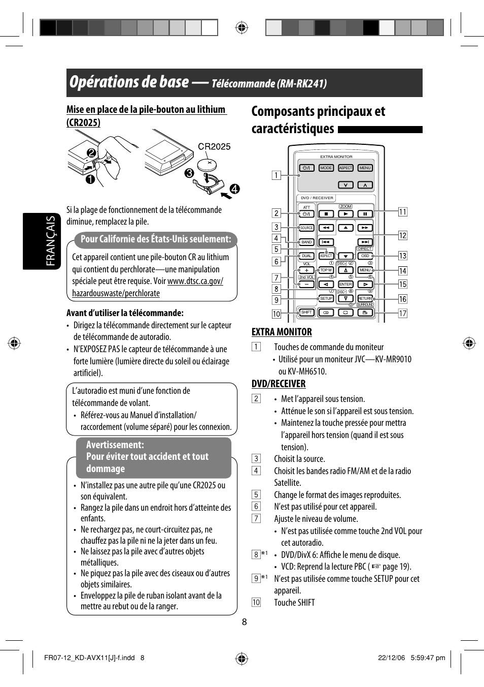 Opérations de base, Composants principaux et caractéristiques, Français | Télécommande (rm-rk241), Extra monitor, Dvd/receiver, Pour californie des états-unis seulement | JVC KD-AVX11 User Manual | Page 124 / 177