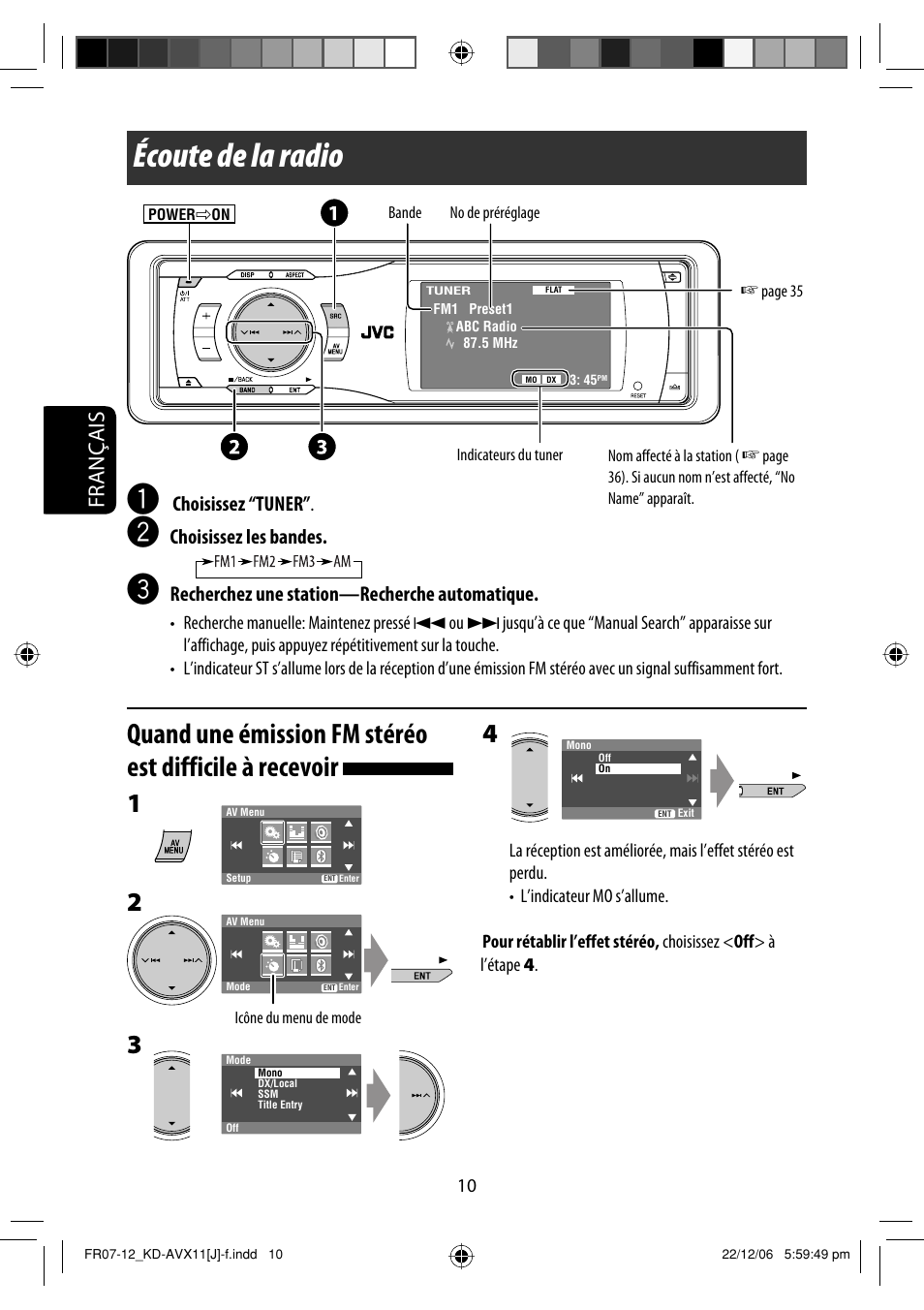 Écoute de la radio, Français, Choisissez “tuner | Choisissez les bandes, Recherchez une station—recherche automatique | JVC KD-AVX11 User Manual | Page 126 / 177