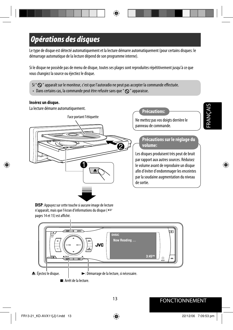 Opérations des disques, Fonctionnement, Français | Précautions, Précautions sur le réglage du volume | JVC KD-AVX11 User Manual | Page 129 / 177