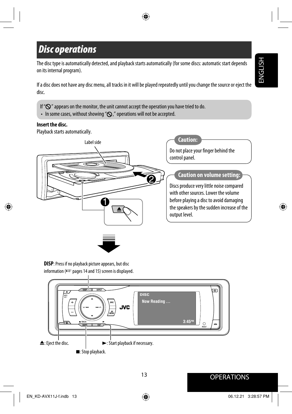 Disc operations, Operations, English | Caution, Caution on volume setting | JVC KD-AVX11 User Manual | Page 13 / 177