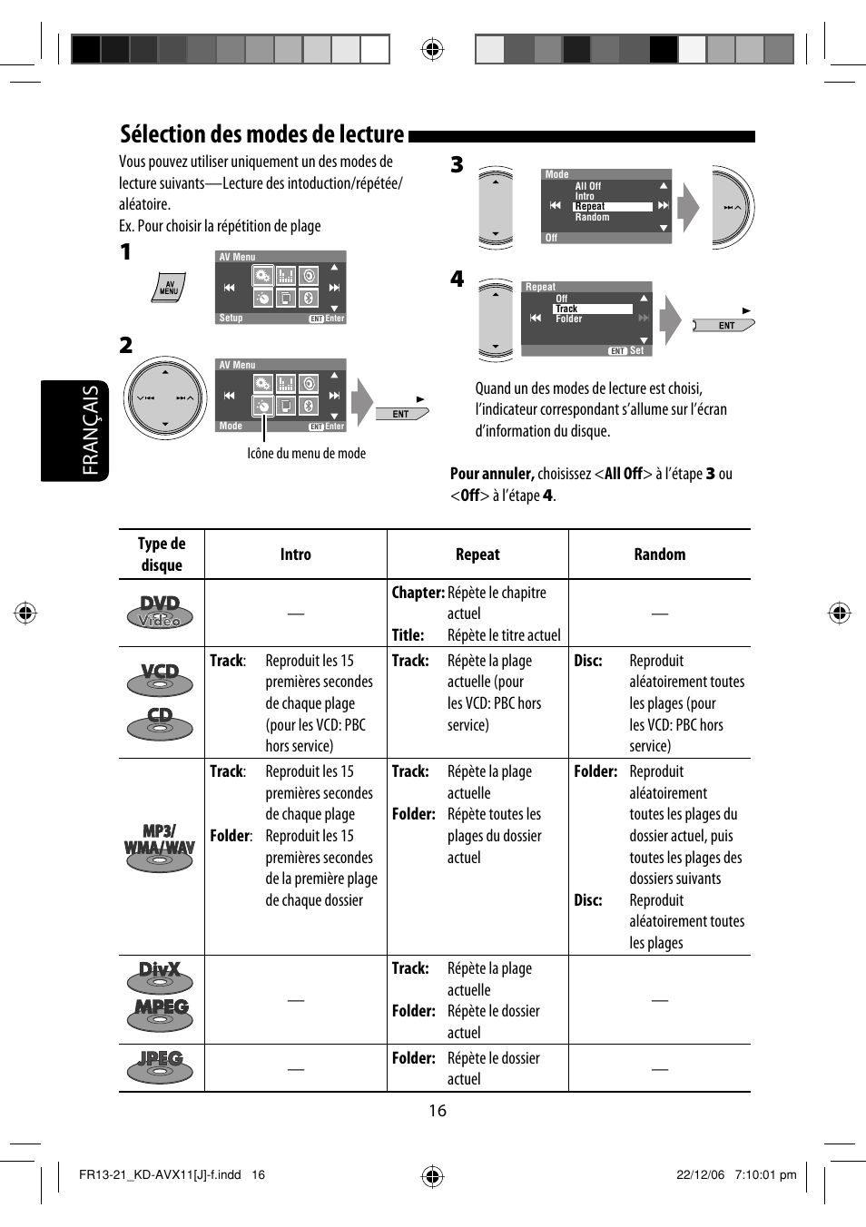 Sélection des modes de lecture, Français | JVC KD-AVX11 User Manual | Page 132 / 177