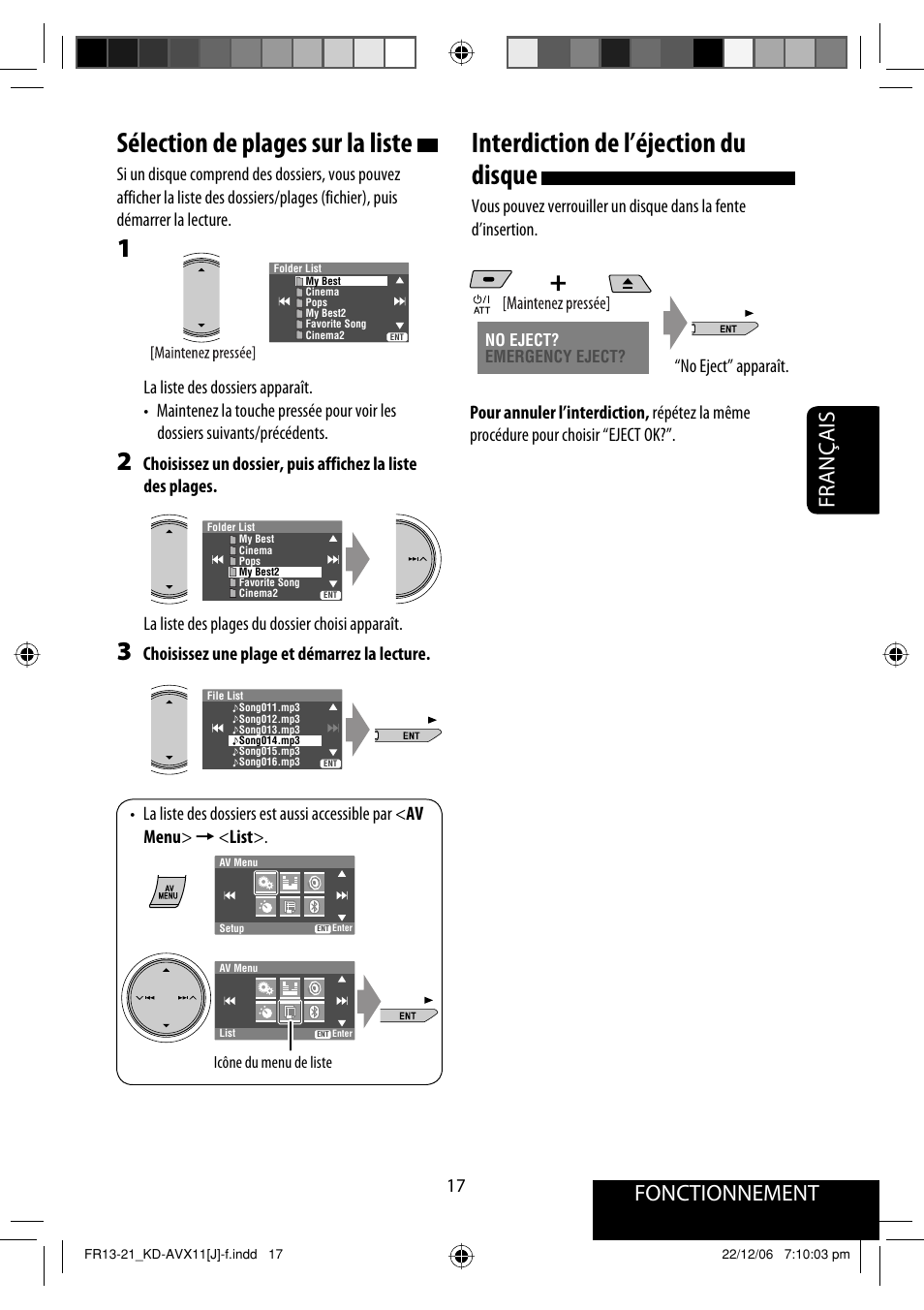 Sélection de plages sur la liste, Interdiction de l’éjection du disque, Fonctionnement | Français | JVC KD-AVX11 User Manual | Page 133 / 177