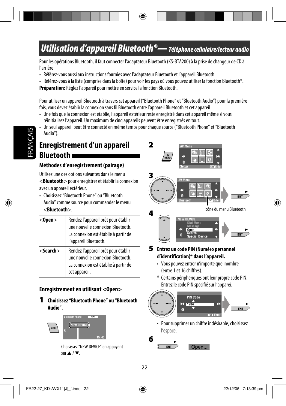 Utilisation d’appareil bluetooth, Enregistrement d’un appareil bluetooth, Français | Téléphone cellulaire/lecteur audio, Méthodes d’enregistrement (pairage), Enregistrement en utilisant <open | JVC KD-AVX11 User Manual | Page 138 / 177