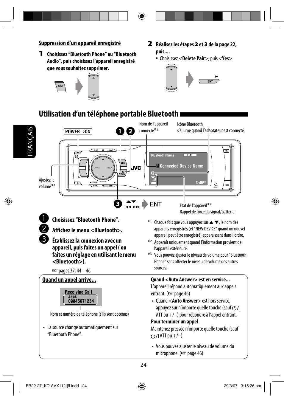 Utilisation d’un téléphone portable bluetooth, Français | JVC KD-AVX11 User Manual | Page 140 / 177