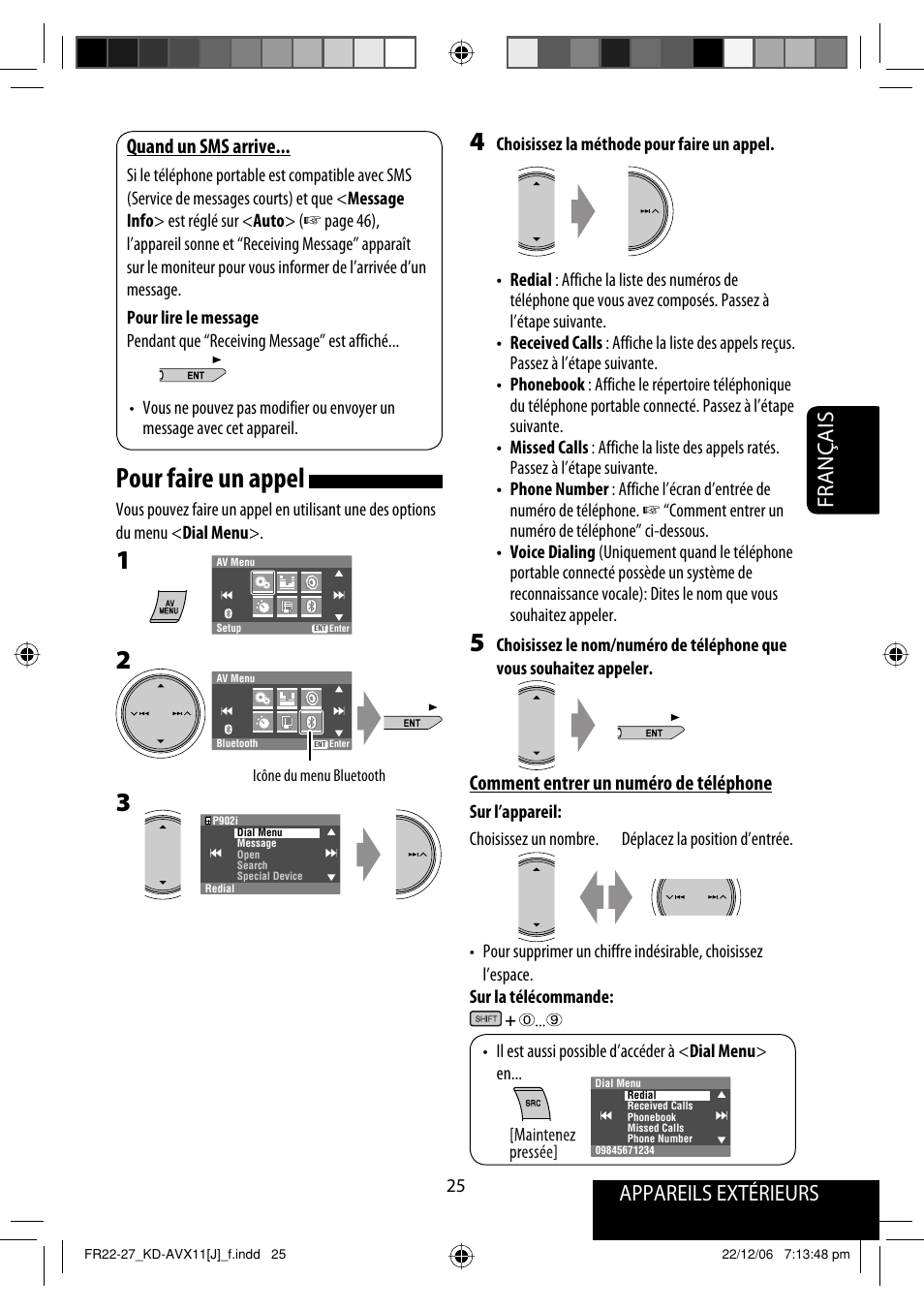 Pour faire un appel, Appareils extérieurs, Français | Quand un sms arrive, Comment entrer un numéro de téléphone | JVC KD-AVX11 User Manual | Page 141 / 177