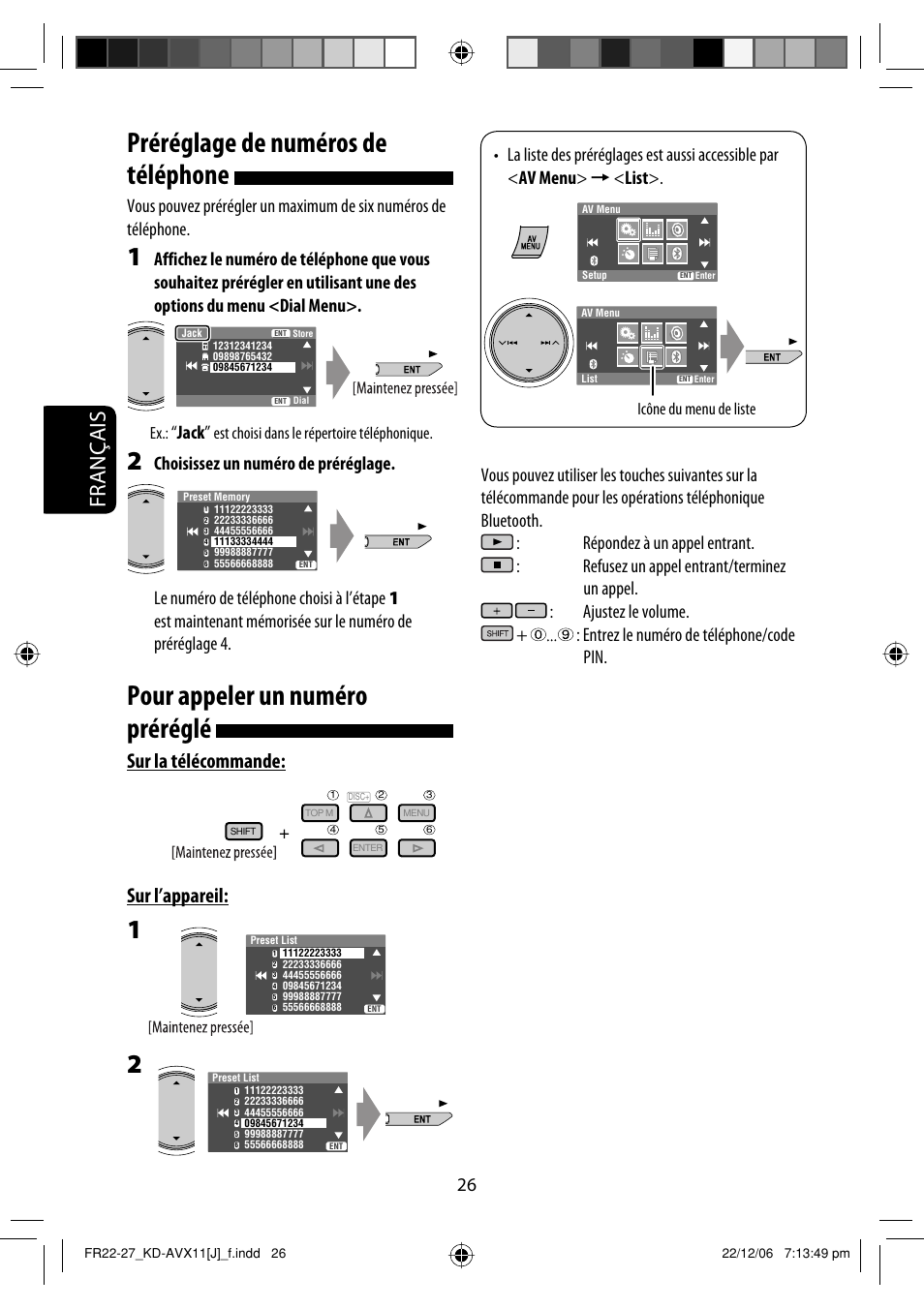 Préréglage de numéros de téléphone, Pour appeler un numéro préréglé, Français | Sur la télécommande: sur l’appareil, Jack, Est choisi dans le répertoire téléphonique, Icône du menu de liste | JVC KD-AVX11 User Manual | Page 142 / 177