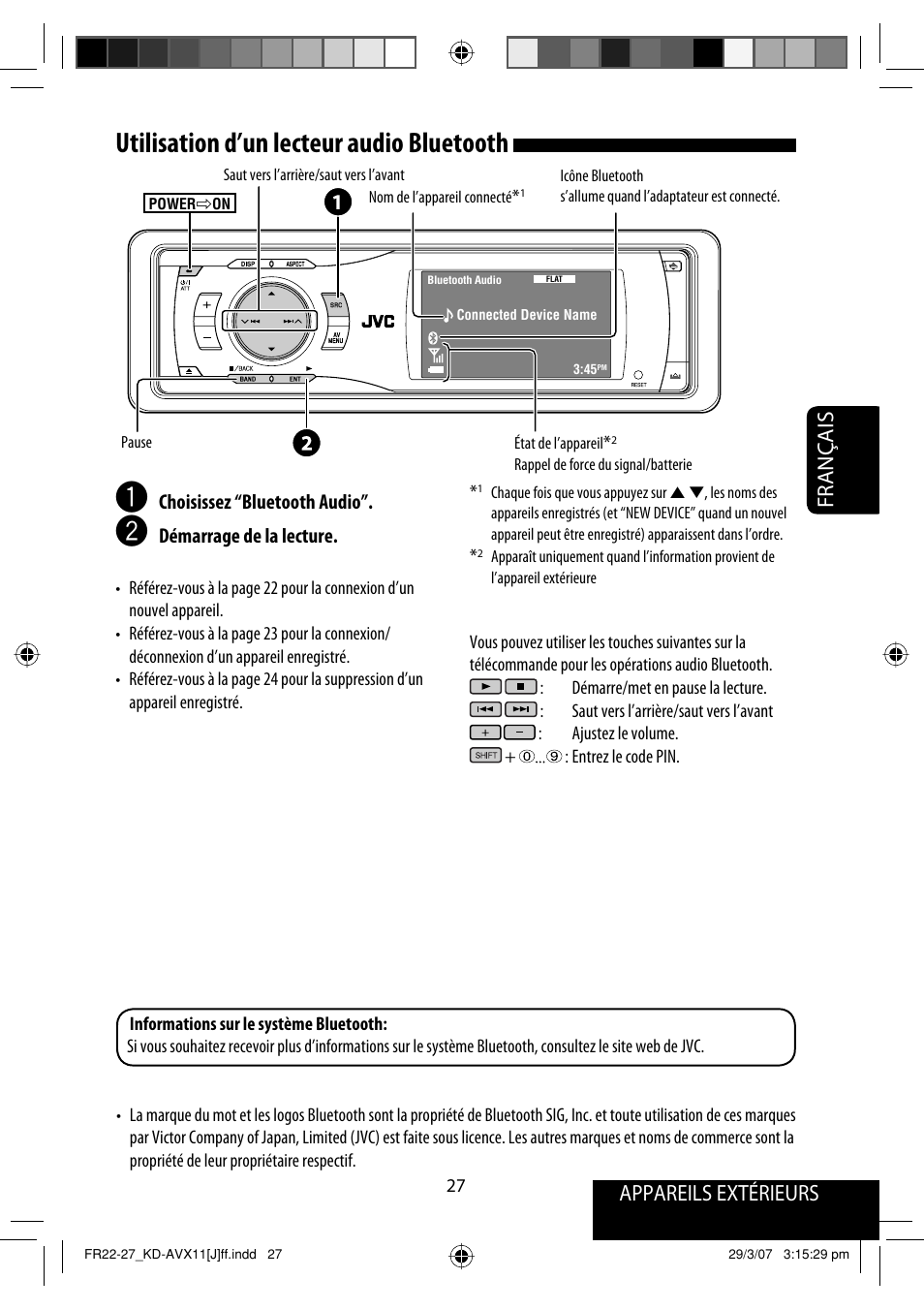 Utilisation d’un lecteur audio bluetooth, Appareils extérieurs, Français | JVC KD-AVX11 User Manual | Page 143 / 177