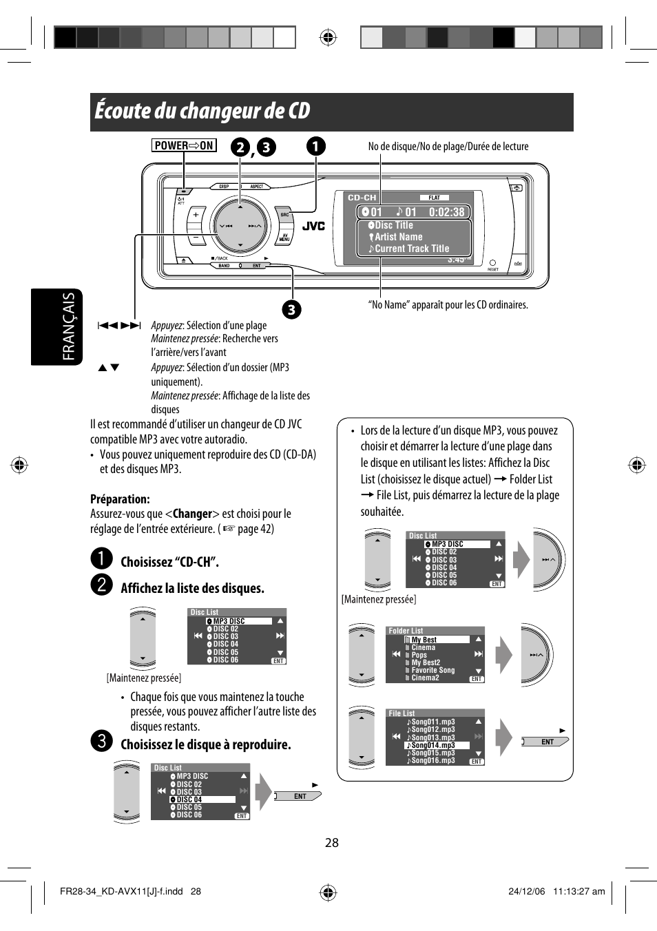 Écoute du changeur de cd, Français, Choisissez “cd-ch | Affichez la liste des disques, Choisissez le disque à reproduire | JVC KD-AVX11 User Manual | Page 144 / 177