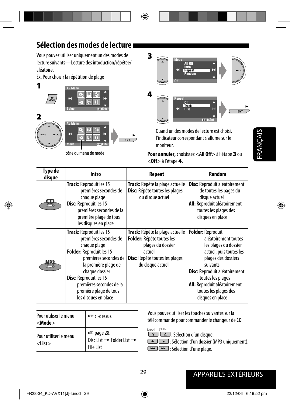 Sélection des modes de lecture, Appareils extérieurs français | JVC KD-AVX11 User Manual | Page 145 / 177