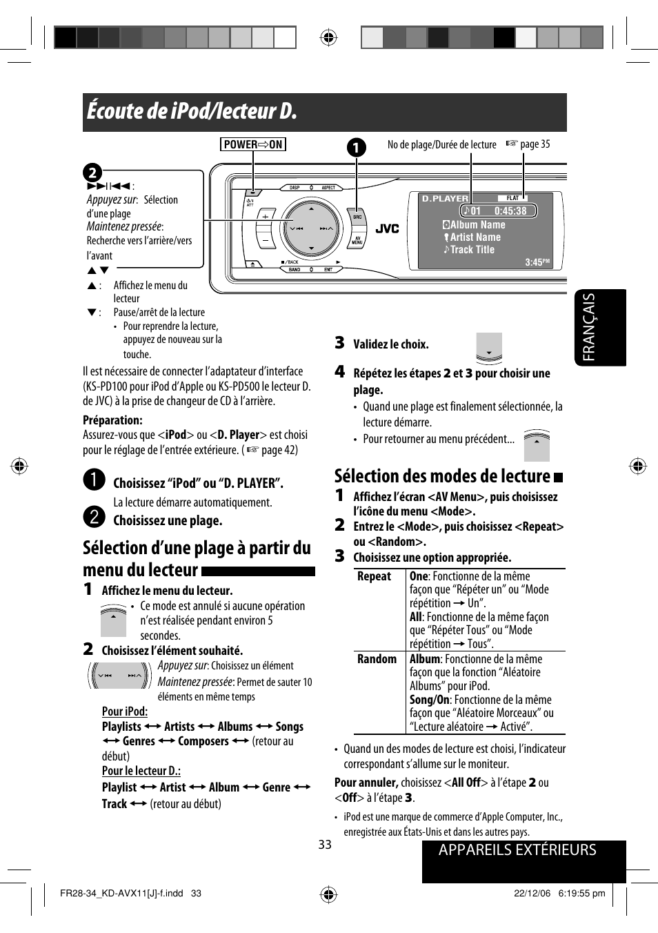 Écoute de ipod/lecteur d, Sélection d’une plage à partir du menu du lecteur, Sélection des modes de lecture | Appareils extérieurs français | JVC KD-AVX11 User Manual | Page 149 / 177