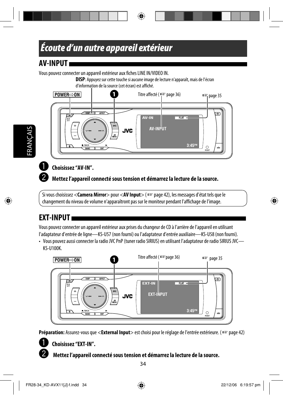Écoute d’un autre appareil extérieur, Av-input, Ext-input | Français | JVC KD-AVX11 User Manual | Page 150 / 177